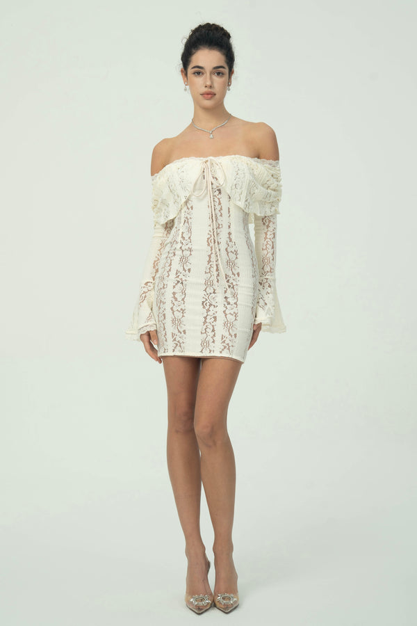 Chic Off-Shoulder Lace Mini Dress with Bell Sleeves