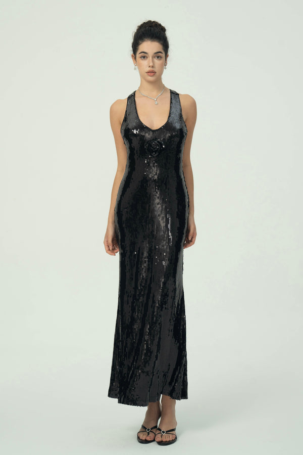 Glamorous Black Sequin Maxi Dress with Floral Detail