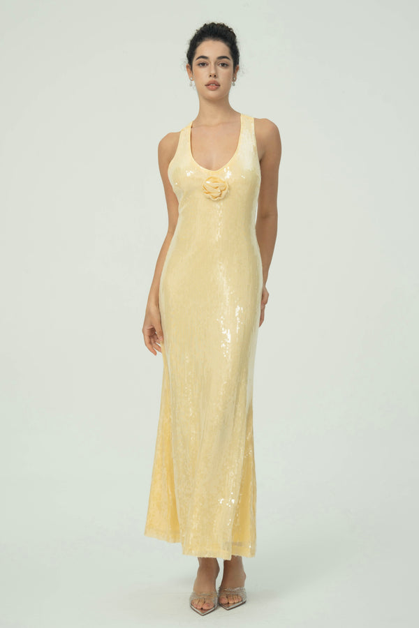 Elegant Yellow Sequin Maxi Dress with Floral Detail