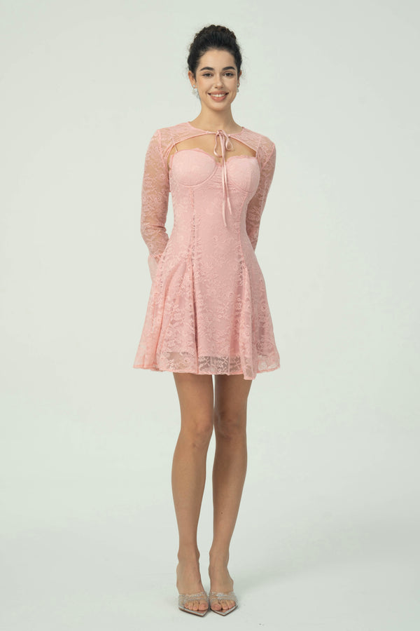 Charming Pink Lace Mini Dress with Long Sleeves