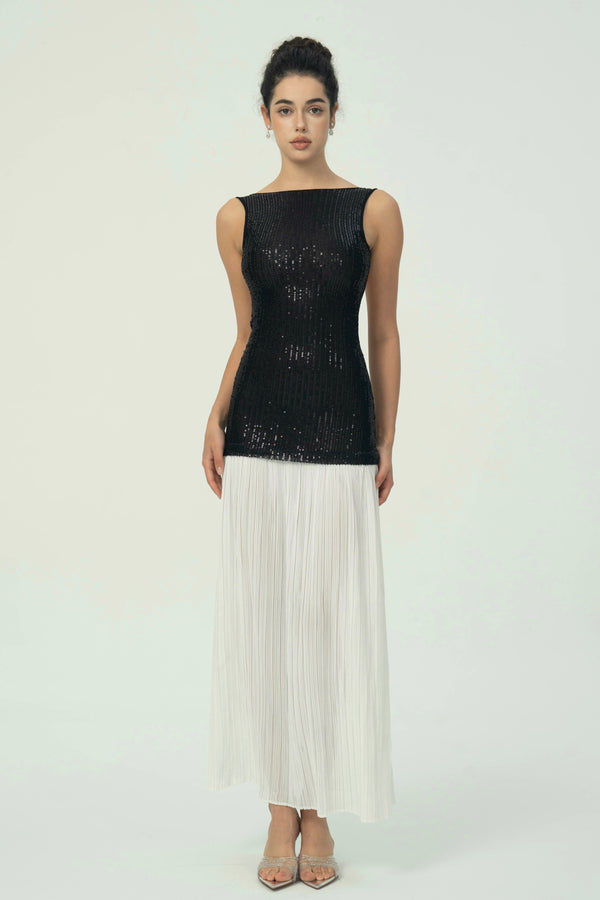 Sophisticated Black Sequin with White Pleated Maxi Skirt