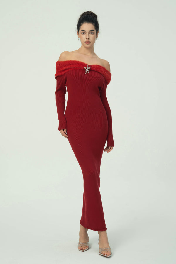 Elegant Off-Shoulder Red Knit Maxi Dress with Fuzzy Trim