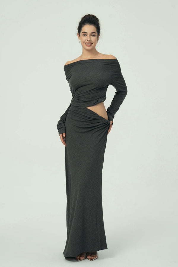 Elegant Charcoal Off-Shoulder Maxi Dress with Side Cut-Out