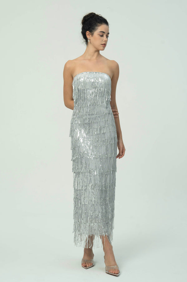 Glamorous Silver Fringe Strapless Midi Dress for Evening Events