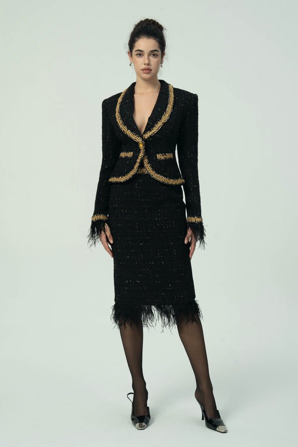 Black Tweed Blazer and Skirt Set with Gold Trim and Feather Detailing