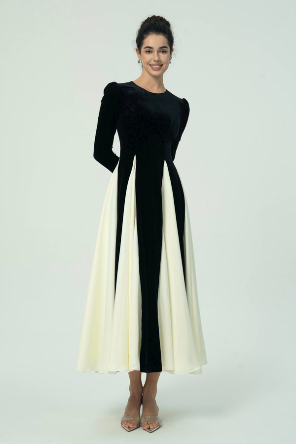 Vintage-Inspired Black and Ivory Paneled Velvet Midi Dress