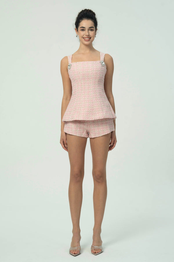 Elegant Pink Tweed Short Set with Double Bow Back Detail