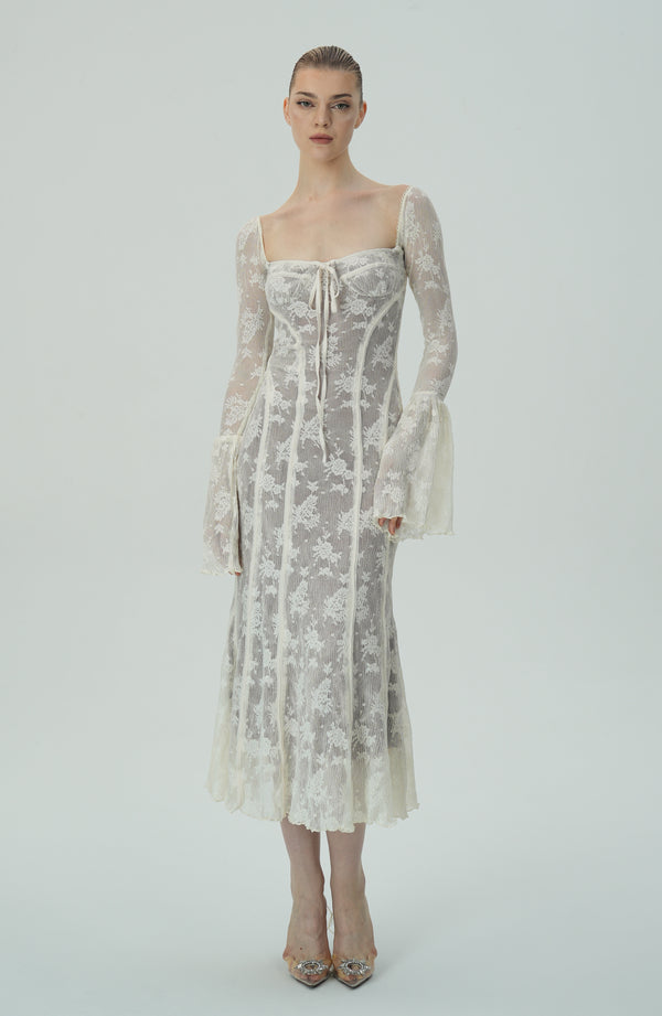 Ethereal Sheer Lace Bell Sleeve Midi Dress