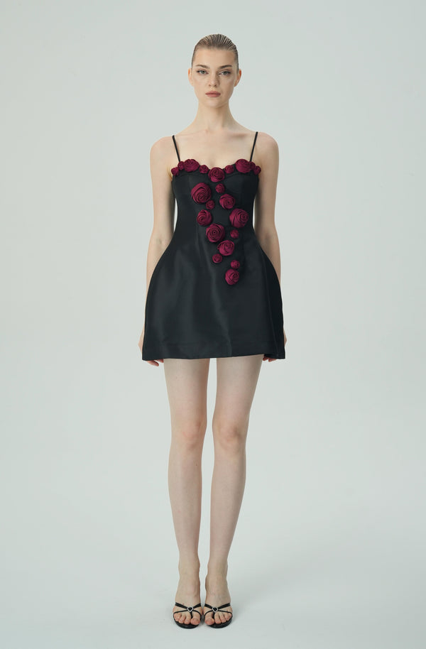 Elegant Burgundy 3D Floral Black Satin Mini Dress