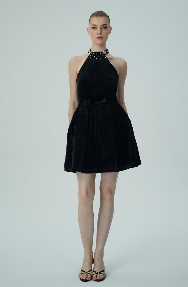 Chic Black Velvet Halter-Neck Mini Dress