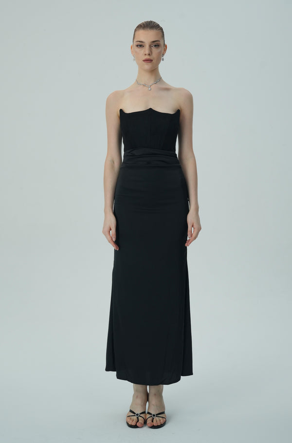 Sleek Strapless Black Evening Gown