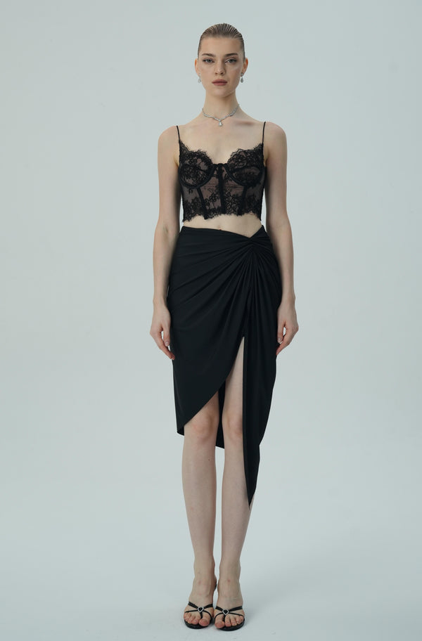 Sultry Black Lace Bustier with Draped High-Slit Skirt Two-Piece Set