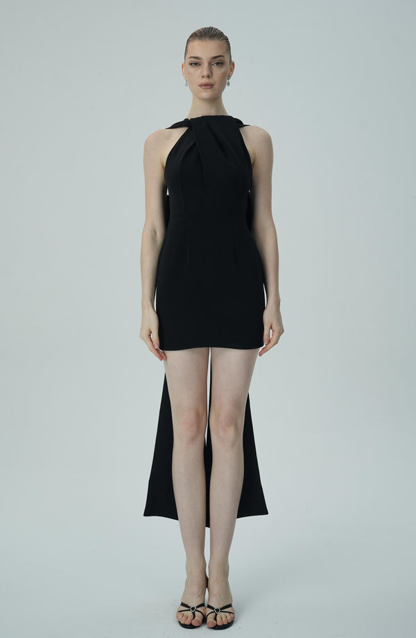 Minimalist Black Mini Dress with Oversized Back Bow and Draping Tails