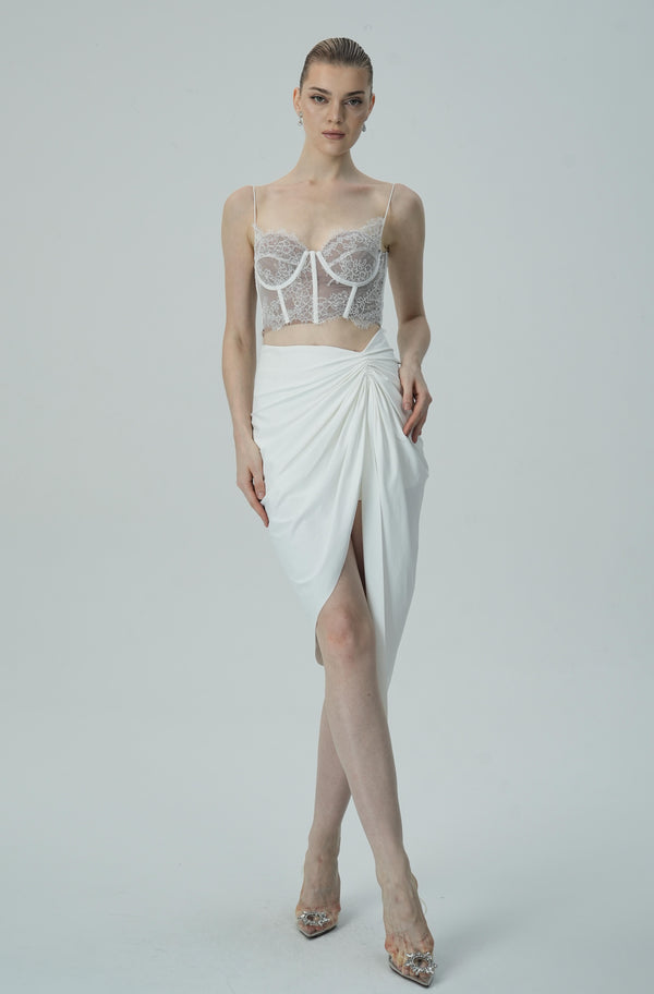 Luxe White Lace Corset Top and Draped Asymmetrical Skirt Setx