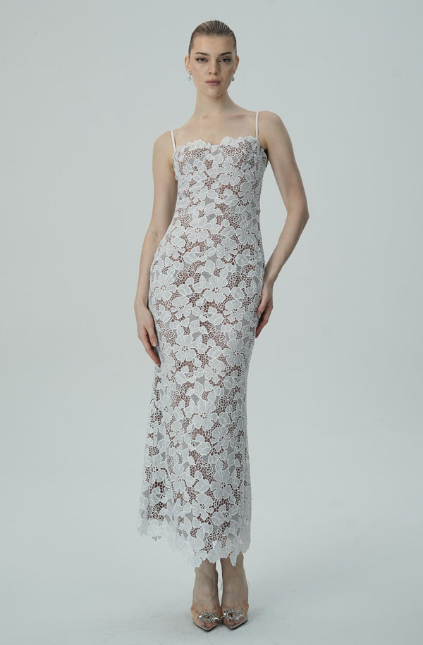 White Floral Lace Spaghetti Strap Gown