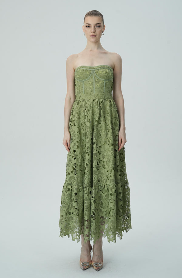 Strapless Olive Green Lace Midi Dress