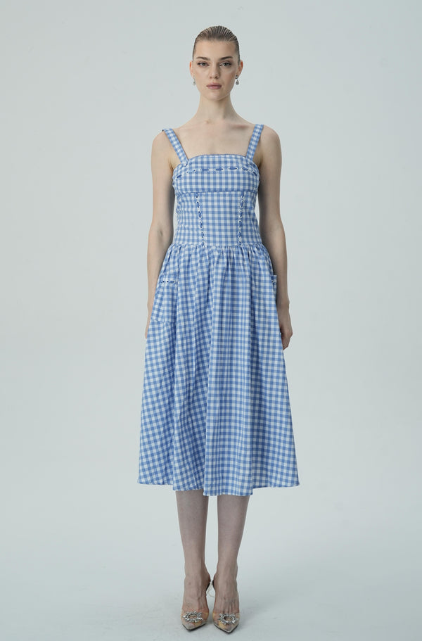 Blue Gingham Midi Dress with Lacing Detail