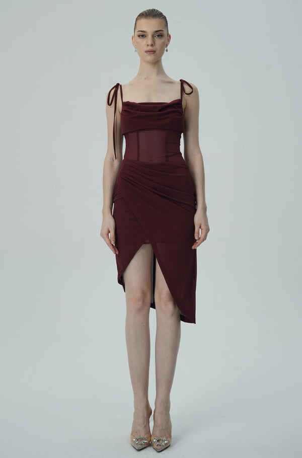 Maroon Corset-Style Draped Dress