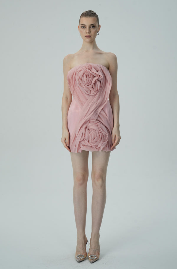 Blush Pink Strapless Mini Dress with Rose Appliqués