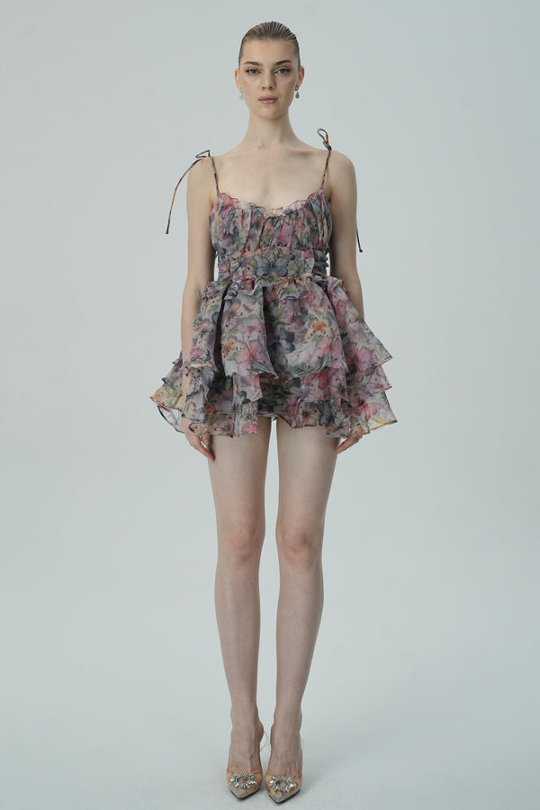 Floral Print Ruffled Mini Dress with Tie Straps