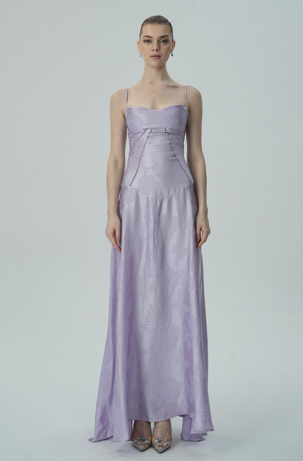 Lavender Floral Jacquard Satin Maxi Dresss