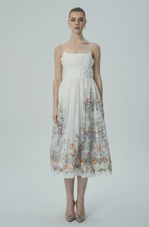 Floral Embroidered Midi Dress with Ruched Bodice