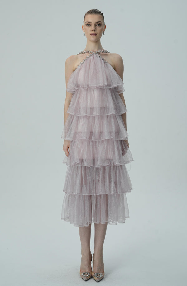 Layered Ruffle Halter Dress with Sparkle Sheer Fabric