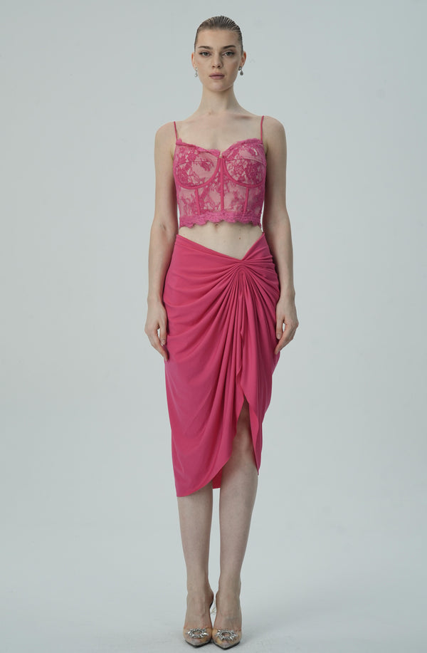 Vibrant Pink Lace Bustier and Draped Skirt Set