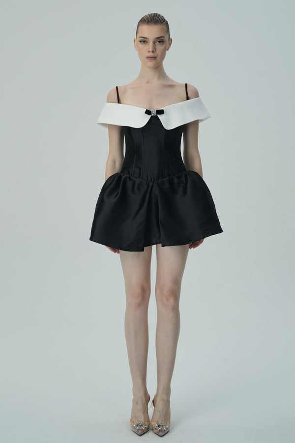 Black Satin Mini Dress with White Off-Shoulder Collar