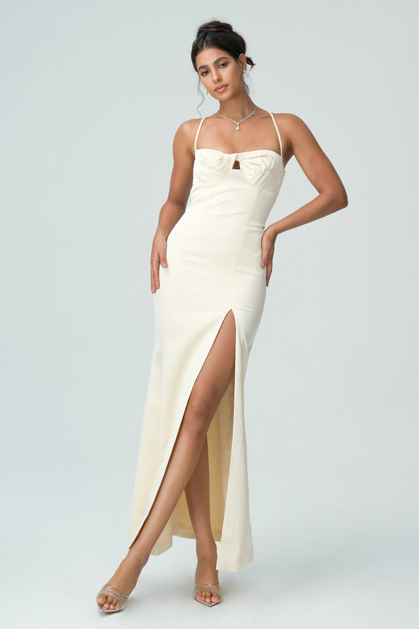 Paméla ivory high-slit evening gown