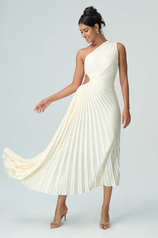 Olivia asymmetrical off-shoulder pleated dress