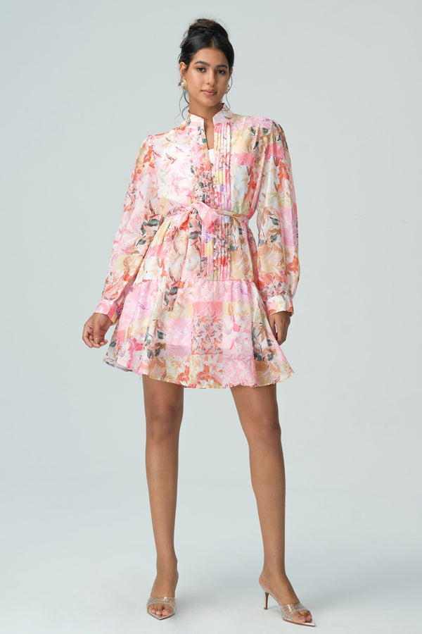 Lola lantern sleeve flora tie-front short dress