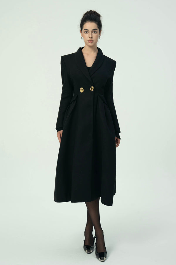 Classic Black Double-Breasted Midi Coat Dress